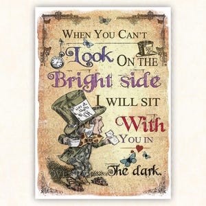 1 Alicja w Krainie Czarów Plakat, Mad Hatter Bright Side Cytat Sztuka Ścienna, Wonderland Plakat, Vintage Wydrukowany Wystrój Dziecięcy, Pobieranie Cyfrowe