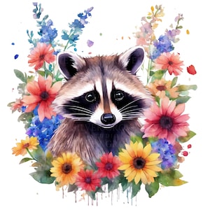 5 Floral Racoon Clipart | Wild Animal Art | Racoon with Flowers | Bold Wildlife Decor | Boho Animal Artwork | Watercolour | Digital Download