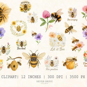 21 Watercolour Bee Clipart Bundle | Bumblebee & Flower PNGs | Cute Bee Illustrations with Transparent Background | Instant Download