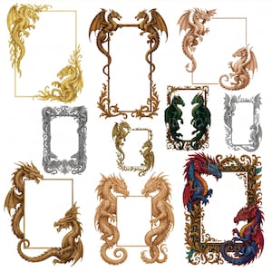 May include: A selection of decorative picture frames with dragon motifs. The frames are in various colours, such as gold, brown, silver, and green, with detailed dragon figures and ornate designs. The frames are empty, suitable for displaying photos or artwork.