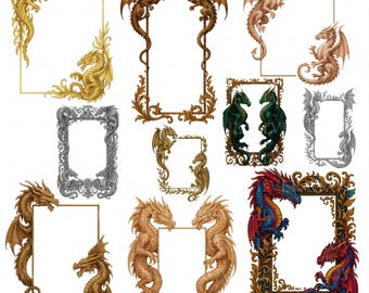 10 Dragon Frame Clipart Bundle, Fantasy Medieval PNG Set, Gothic Ornate Borders for Crafts, Invitations & Wall Art