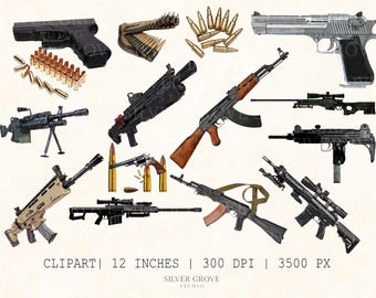 25 Gun Clipart PNG Bundle – Rifle, Pistol, Ammo & Military Weapon Illustrations, 12 Inch, 300 DPI, Transparent Background