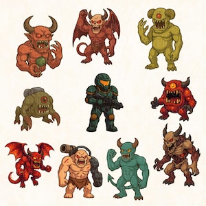 Lot de 10 cliparts animés - PNGs anime monstre, créatures de l'enfer, art du jeu, téléchargement numérique, fond Transparent