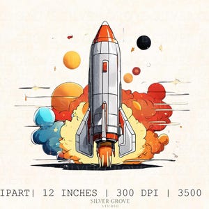5 Rocket Ship Clipart Set – Cartoon Space Shuttle PNGs – Kids Printable Digital Download – Outer Space Art for Classroom & Crafts