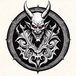 Paquete de 10 imágenes prediseñadas de cabezas de demonios oscuros: ilustraciones de diablos de fantasía gótica, ojos rojos, arte de monstruos con cuernos, descarga digital PNG