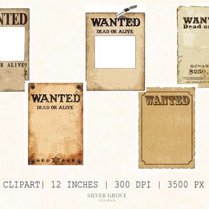Könnte beinhalten: Eine Sammlung von "Wanted"-Plakaten im Vintage-Stil mit strukturierten Papieren. Jedes Plakat zeigt das Wort "WANTED" in fetter Schrift, darunter der Text "DEAD OR ALIVE". Ein Plakat enthält eine Belohnung von 228.000 €. Das Clipart ist 30,48 cm groß.