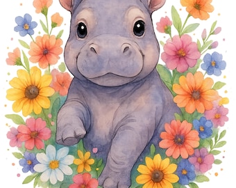 Conjunto de imágenes prediseñadas de hipopótamos florales: Arte animal de acuarela para guardería (descarga digital PNG)