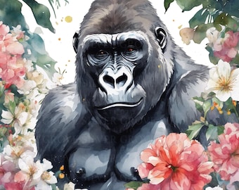 5 Floral Gorilla Clipart | Jungle Animal Poster | Gorilla with Flowers Print | Bold Wildlife Decor | Boho Jungle Animal Artwork