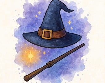 Pacchetto di 9 Clipart di maghi magici: cappello, bacchetta, gufo, libro di incantesimi e pozione in formato PNG, scrapbooking