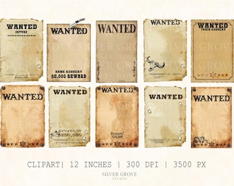 Blank Wanted Poster Clipart Bundle: Vintage Western Outlaw Signs (Digital Download)
