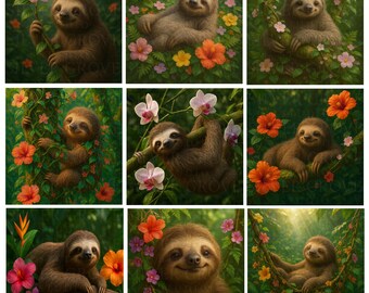 10 Sloth Clipart Bundle, Tropical Flowers PNG Set, Cute Animal Jungle Art for Nursery Decor & Crafts