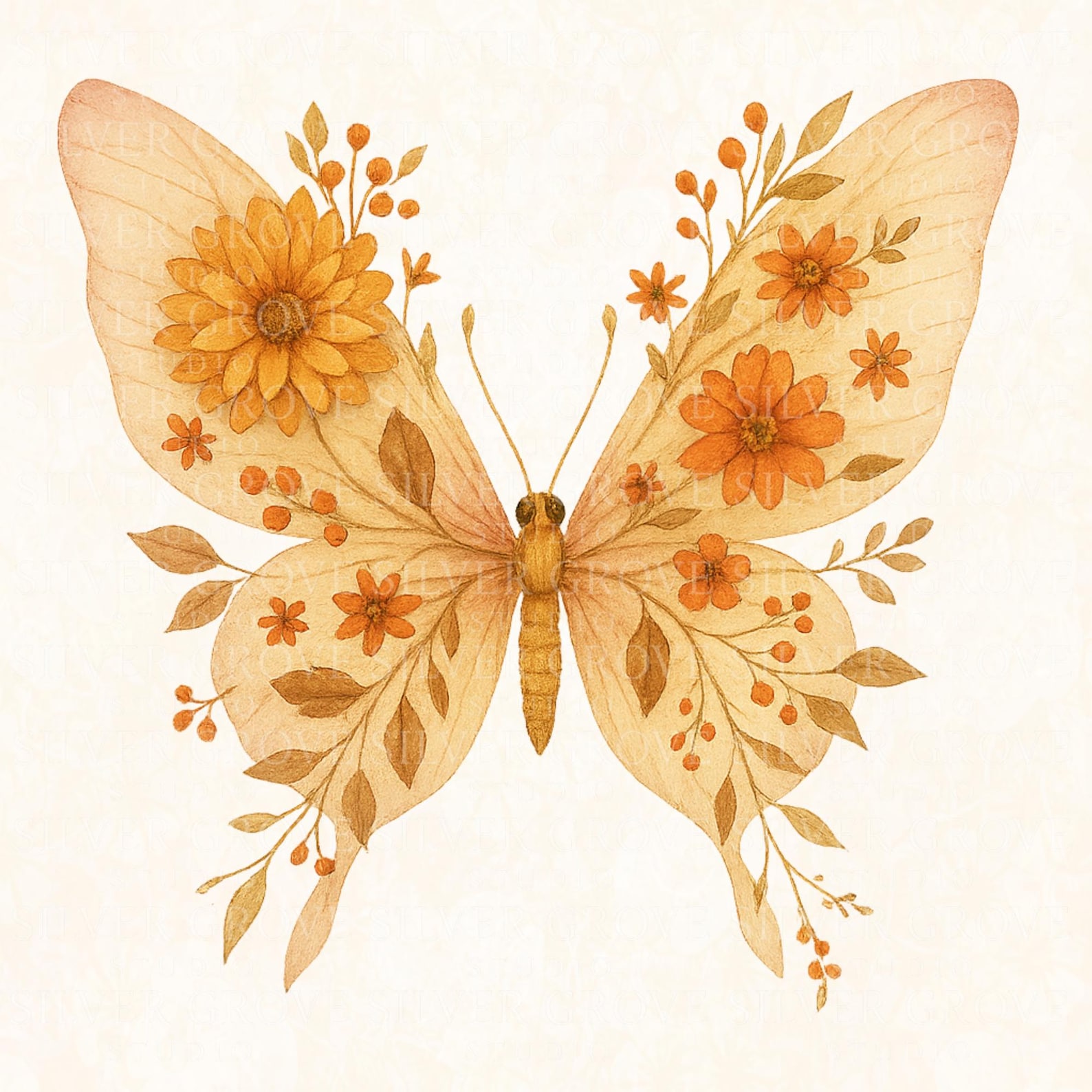 Fall Butterfly Clipart: Watercolor Autumn Floral Wings (digital ...
