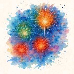 5 aquarel vuurwerk clipartset | Kleurrijke nachtelijke hemeluitbarsting | Digitale download op 4 juli | Clipart viering feest