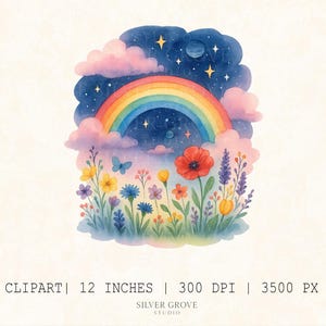 5 imágenes prediseñadas de acuarela arcoíris caprichosas: cielo nocturno floral PNG para habitación infantil, álbum de recortes y arte digital