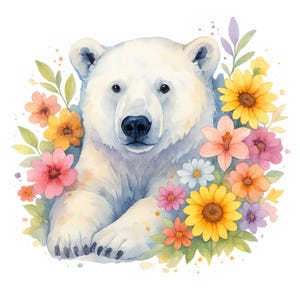 5 Floral Polar Bear Clipart Set – Watercolour Arctic Animal PNG – Cute Winter Nursery Art – Digital Animal Download – Transparent Background