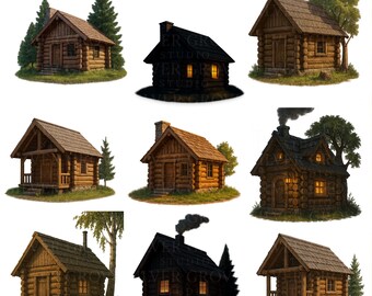 9 blokhutten clipartset | PNG's voor rustieke huisjes | Woodland Cabin digitale kunst | Transparante achtergrond downloaden