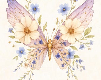 Pastel Butterfly Clipart: Watercolor Floral Wings PNG (Digital Download)