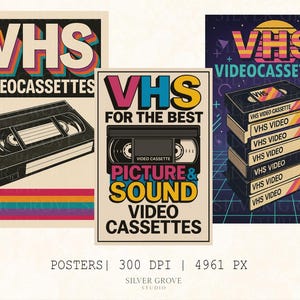 5 VHS Retro Poster Set – Vintage Video Cassette Wall Art, 80s 90s Movie Room Decor, Digital Download, Film Lover Gift, 300 DPI Prints
