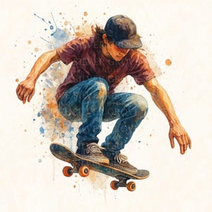 11 Watercolour Skateboarder Clipart Bundle | Skateboarding Boys & Girls | Extreme Sports Digital Art | PNG High Resolution