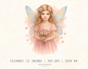 Puede incluir: Ilustración en acuarela de un hada con cabello rubio, ojos azules y delicadas alas azules. Lleva un vestido rosa y una corona de flores, sosteniendo un ramo de rosas rosas. La imagen está etiquetada como "CLPART | 12 INCHES | 300 DPI | 3500 PX".