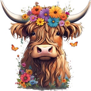 5 Cliparts de Vaca das Terras Altas | Gado das Terras Altas Floral PNG | Arte Boho de Animais de Fazenda | Estampa de Vaca Fofa para Berçário | Decoração de Parede Rústica de Vaca