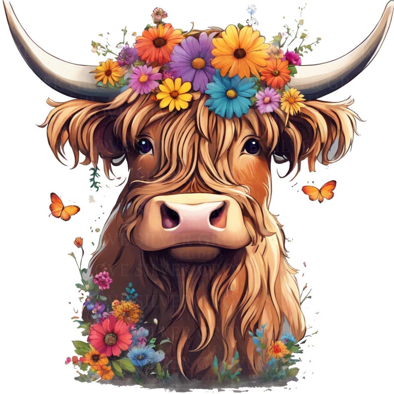 5 Highland Cow Clipart | Floral Highland Cattle PNG | Boho Farm Animal ...