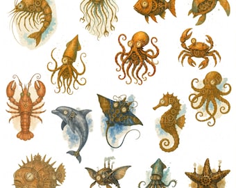 Steampunk Sea Life Clipart Set: Mechanical Ocean Animals (Digital Download PNGs)