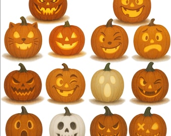 ジャック・オー・ランタンのクリップアートセット、ハロウィンかぼちゃの顔のPNG画像14種類、かぼちゃの彫刻のクリップアート、不気味でかわいいデジタル画像のダウンロード（透明PNG）