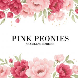2 Floral seamless border, Pink peonies and greenery, Elegant flowers, Wedding frame, Digital floral clipart PNG, Digital download