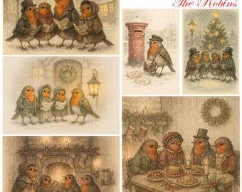 8 Christmas Robin Clipart Set | Victorian Winter Birds, Carol Singers & Fireplace Scenes | Vintage Christmas PNG