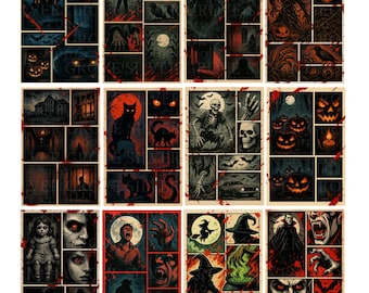 Può includere: Un collage di illustrazioni a tema Halloween in stile fumetto. Le immagini presentano case infestate, spaventapasseri, gatti neri, scheletri, zucche, streghe e vampiri. La tavolozza dei colori è scura con accenti rossi, creando un'atmosfera spettrale.
