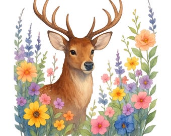 Aquarell Hirsch mit Wildblumen Clipart | Floral Buck PNG | Waldtier Kunst | Rustikale Wald Wand Dekoration