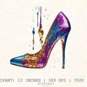Galaxy High Heel Clipart: Dripping Gold Fashion Art (Digital Download)