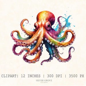 5 Rainbow Octopus Clipart PNG | Vibrant Watercolour Sea Animal | Ocean Marine Life Sublimation Design
