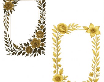 Paquete de 10 imágenes prediseñadas con marcos florales dorados, borde botánico ornamentado PNG, invitación de boda vintage y diseño de scrapbooking