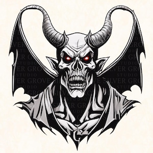 Paquete de 10 imágenes prediseñadas de cabezas de demonio oscuro: ilustraciones de diablos de fantasía gótica, ojos rojos, arte de monstruo con cuernos, descarga digital PNG (conjunto 2)