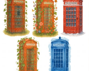 5 Telephone Box Clipart Bundle, Watercolor Red & Blue Phone Booth PNG Set for Vintage Crafts Wall Art
