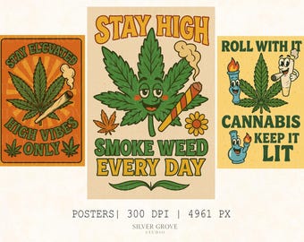 5 Cannabis Poster Bundle – Weed Wall Art Prints, Funny Quotes, Stoner Decor, Digital Download Marijuana Posters, Retro Style Art