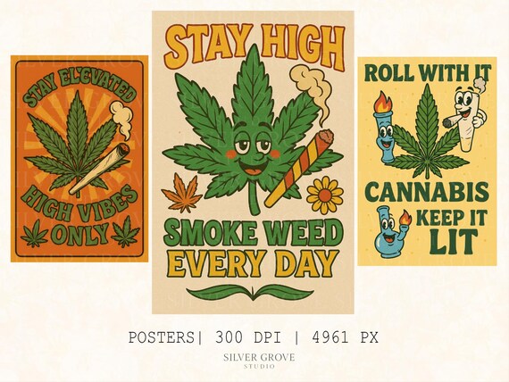5 Cannabis Poster Bundle – Weed Wall Art Prints, Funny Quotes, Stoner Decor, Digital Download Marijuana Posters, Retro Style Art