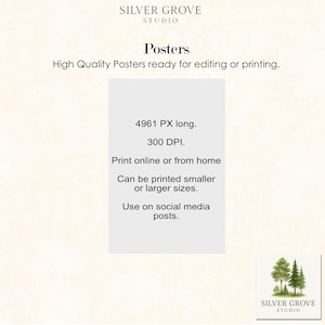 May include: A promotional image for "Silver Grove Studio" posters. The image includes the text "Posters" and "High Quality Posters ready for editing or printing." Additional text details the poster's dimensions and printing options. A logo is in the bottom right corner.