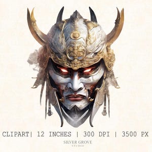 5 Samurai Oni Mask Clipart Bundle – Dark Fantasy Demon Warrior Faces, Transparent PNG for Digital Crafts & Merch