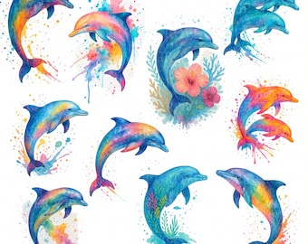 10 Watercolor Dolphin Clipart Set | Ocean Sea Animal PNGs | Tropical Marine Life Art | Transparent Background Digital Download