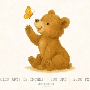 5 Watercolour Bear Clipart Bundle – Cute Baby Bear with Butterfly PNGs, Nursery Animal Clip Art, Digital Download, 12" 300 DPI