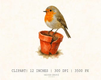 Watercolor Robin Clipart: Spring Garden Bird PNG (Digital Download)