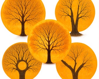 5 Tree with Sunrise PNG Clipart, High-Resolution Transparent Background Digital Artwork, Nature Landscape Sublimation Design