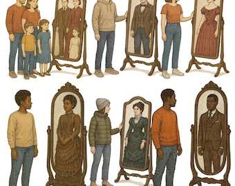 6 Victorian Mirror Reflection Clipart Bundle, Historical Costume PNG Set for Vintage Crafts, Wall Art & Storytelling Designs