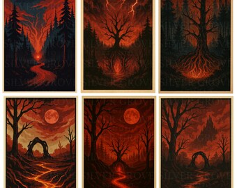 May include: Set of six fantasy art prints featuring surreal landscapes in shades of red, orange, and black. Each print depicts a forest scene with a full moon, trees, and a winding path. The text "SILVER GROVE" is visible.