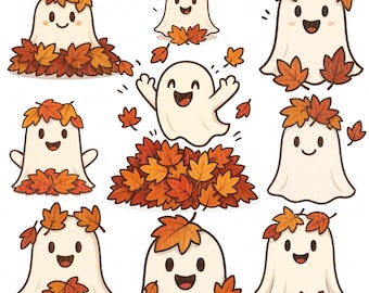 Cute Halloween Ghost Clipart, 9 Autumn Ghost PNGs with Fall Leaves, Kawaii Spooky Clip Art, Digital Download Transparent Background