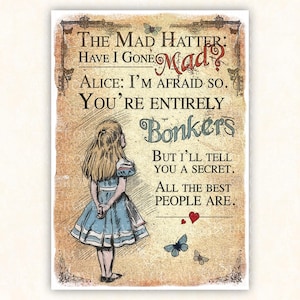 1 Alicja w Krainie Czarów Plakat, Mad Hatter Bonkers Cytat Wydruk, Vintage Alicja Sztuka, Motywujący Cytat Plakat, Pobieranie Cyfrowe