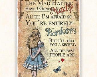 Alice in Wonderland Print: Mad Hatter Bonkers Quote (Digital Download